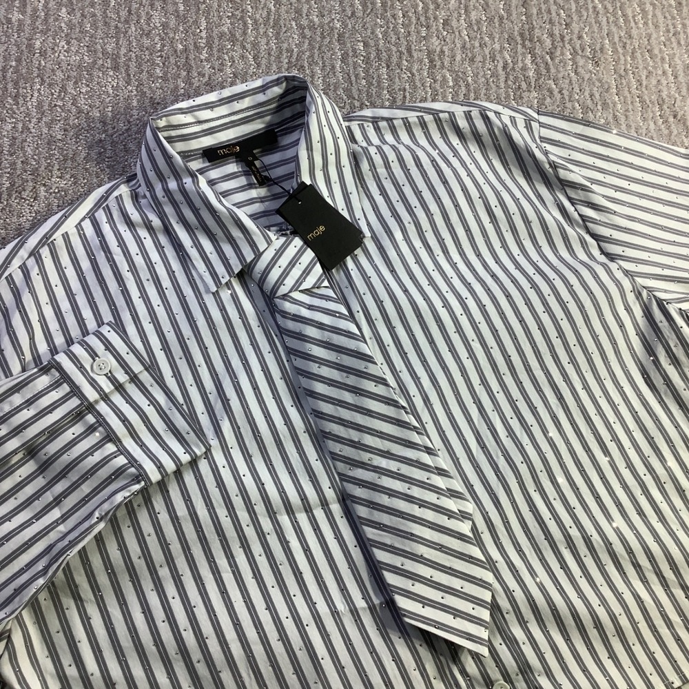 Maje Cibacky Cropped Striped Cotton Shirt with Tie Rhinestones Ecru Size 0 NWT